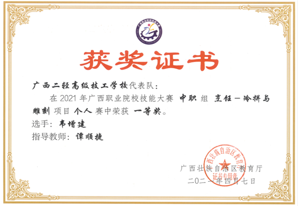 谭顺捷老师指导学生韦增建参加2021年广西职业院校技能大赛中职组烹饪―冷拼与雕刻项目个人赛中荣获一等奖。.png